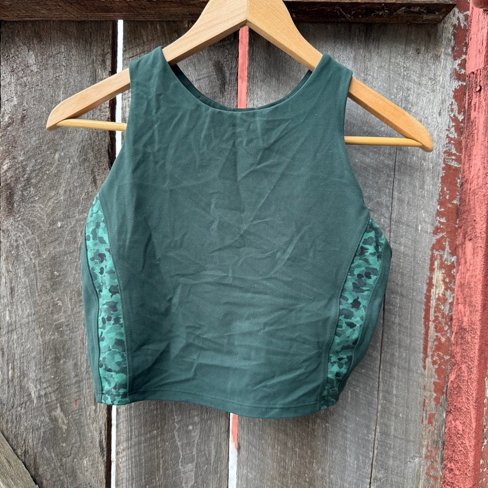Athleta Forest Green High-Neck Sports Bra with Camo Side Panels